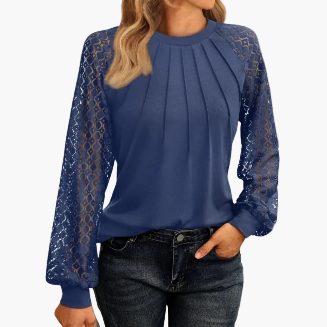 Damen Bluse mit Spitzenärmeln und Falten-Design – Elegante Freizeit- und Büro-Mode