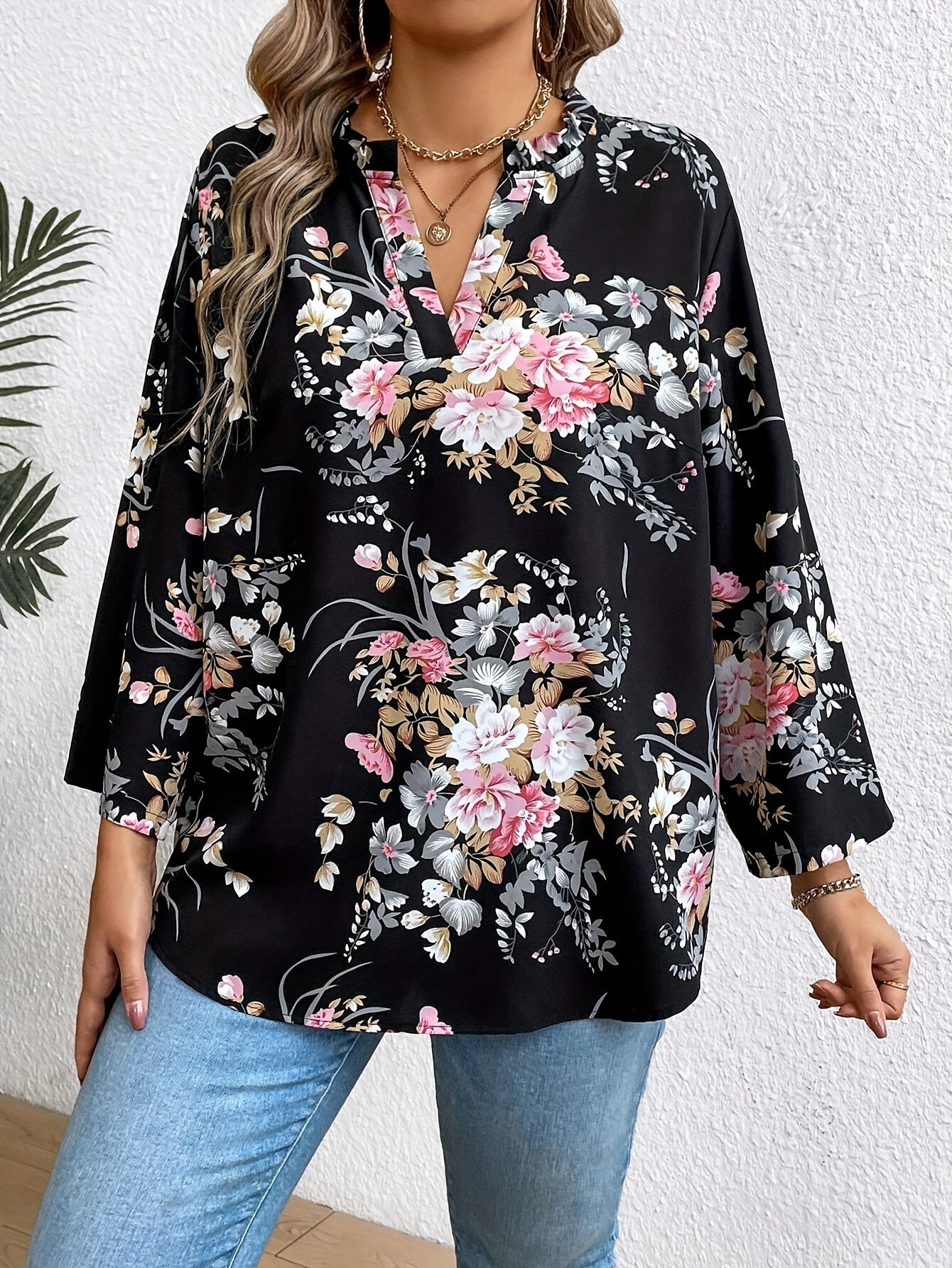 Damen Elegante Bluse mit Blumenmuster und V-Ausschnitt, Langarm, Perfekt für Alltag und Büro