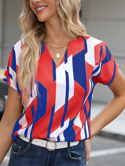 Damen Vintage Bluse mit geometrischem Muster, V-Ausschnitt, ideal für Büro und Freizeit