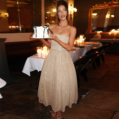 Damen Elegantes Glitzer-Abendkleid mit Trägerlosem Design – Perfekt für Feiern & Besondere Anlässe