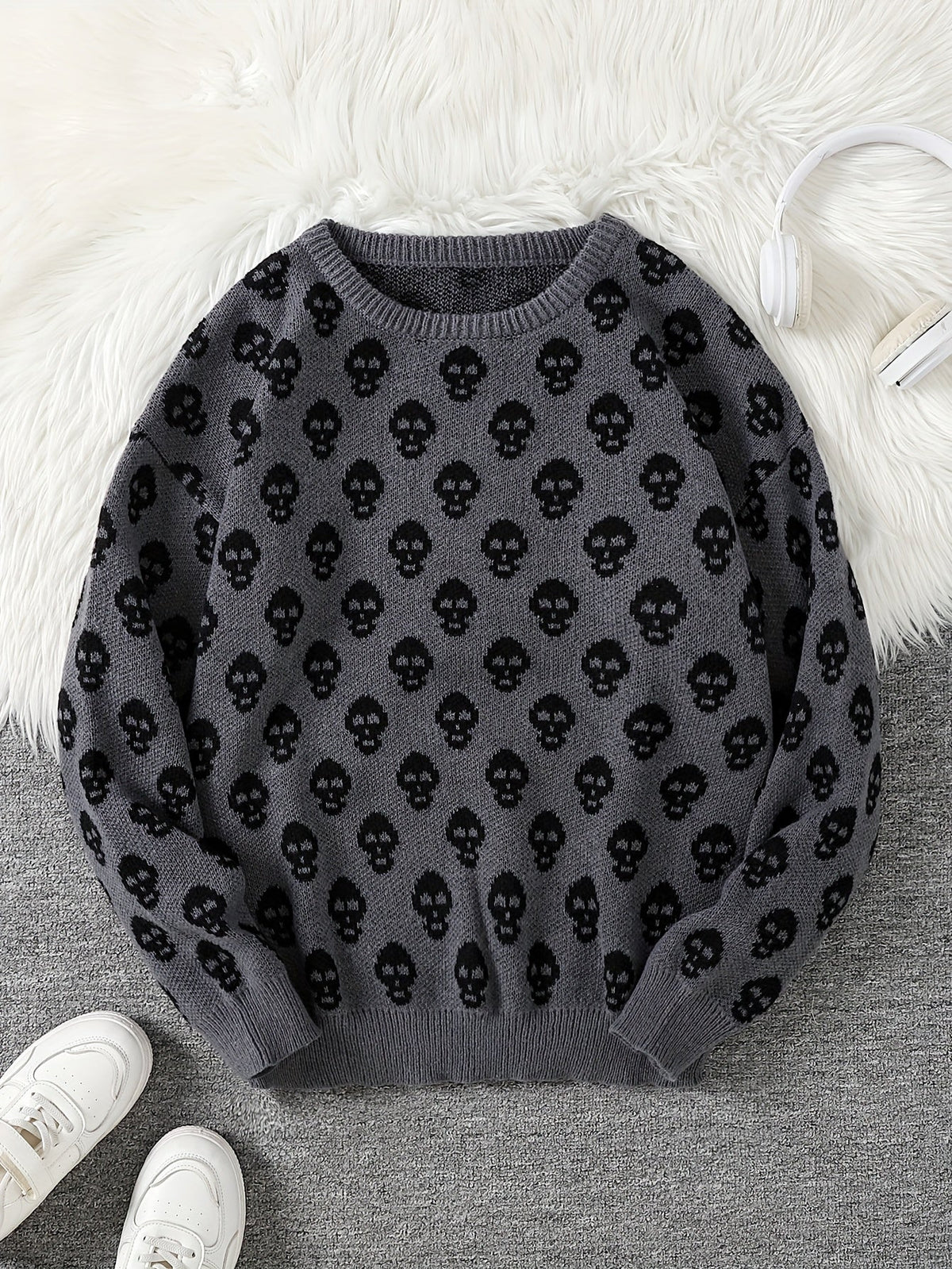 Unisex Pullover mit Totenkopfmuster Strick Rundhals Langarm Strickpullover