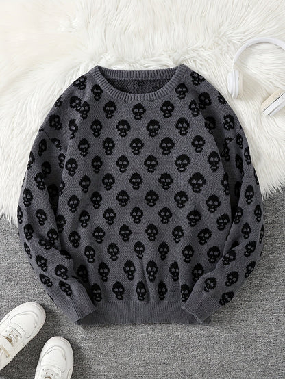Unisex Pullover mit Totenkopfmuster Strick Rundhals Langarm Strickpullover