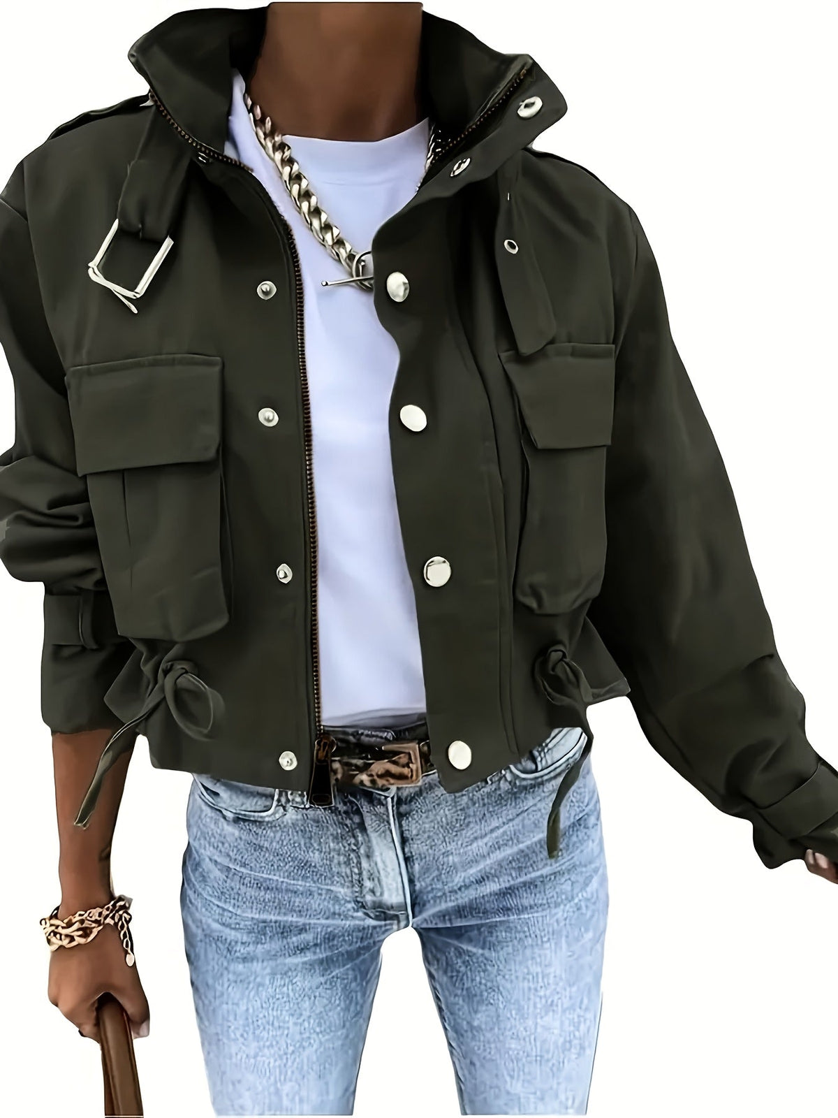 Kurze Damen Übergangsjacke mit Klappentaschen, Kordelzug und Kragen-Schnalle