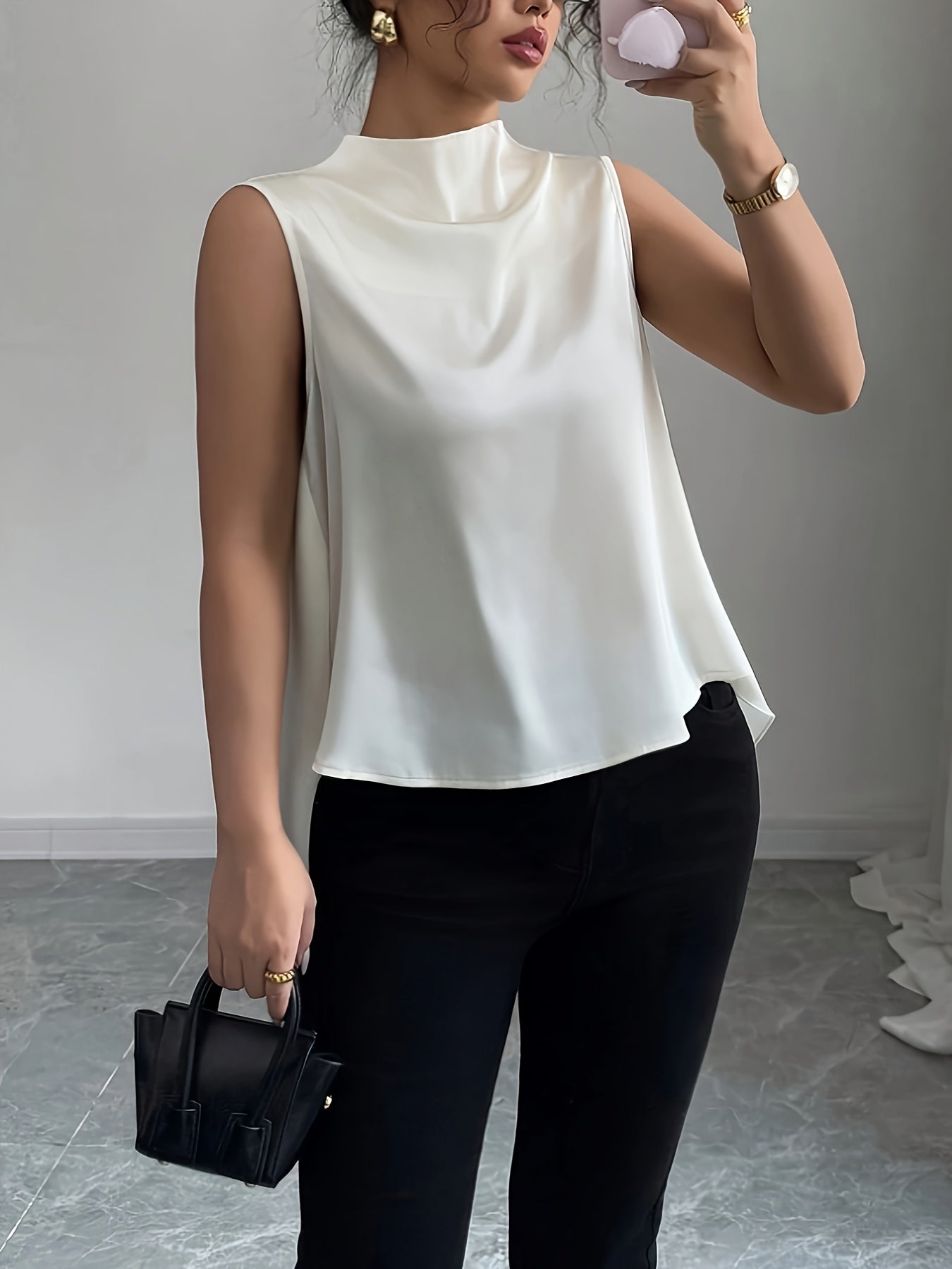 Damen Elegante Ärmellose Bluse mit Stehkragen und Falten-Design – Perfekt für Büro und festliche Anlässe
