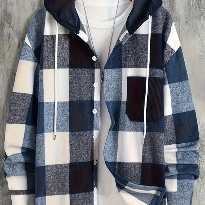 Herren Kariertes Hemdjacke mit Kapuze, Langarm, Knöpfen und Brusttasche