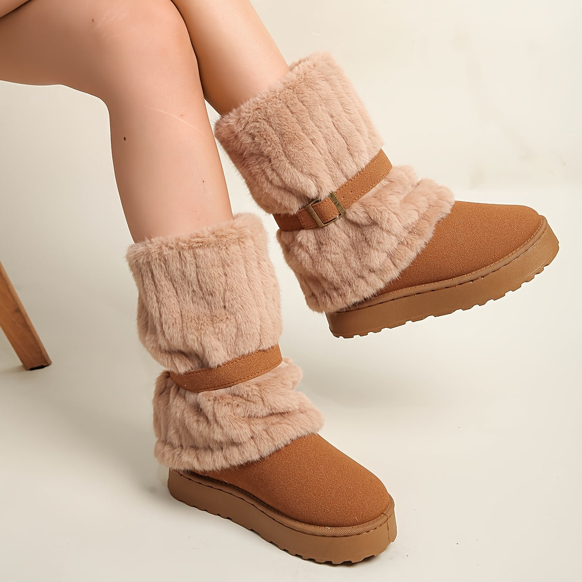 Damen Winterstiefeletten mit Kunstfell und Schnalle, Fesselhoch