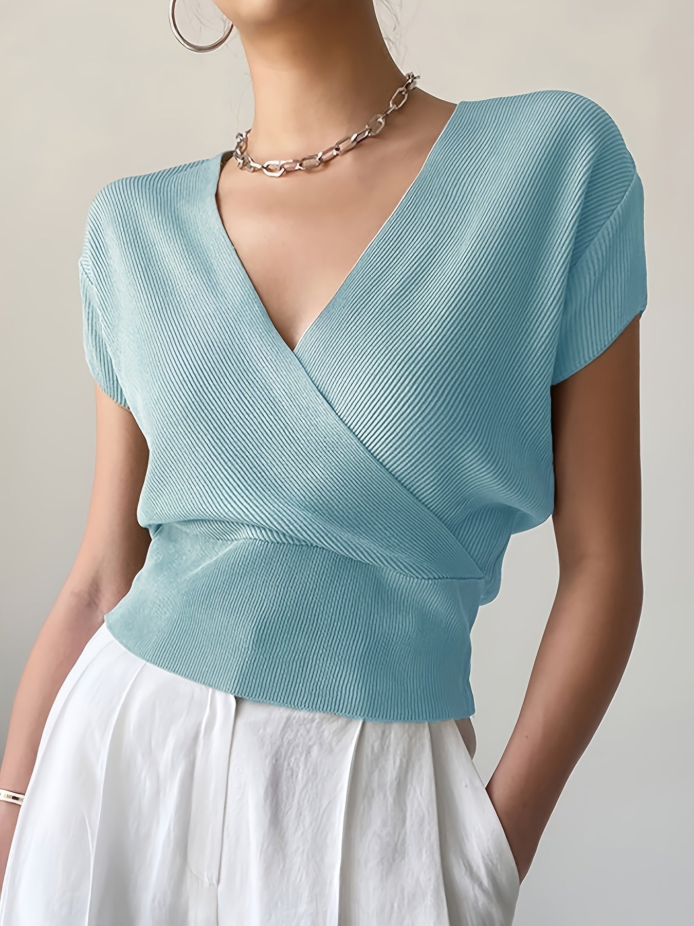 Damen Wickelshirt mit V-Ausschnitt – Eleganter Sommer Pullover Kurzarm für Freizeit & Büro