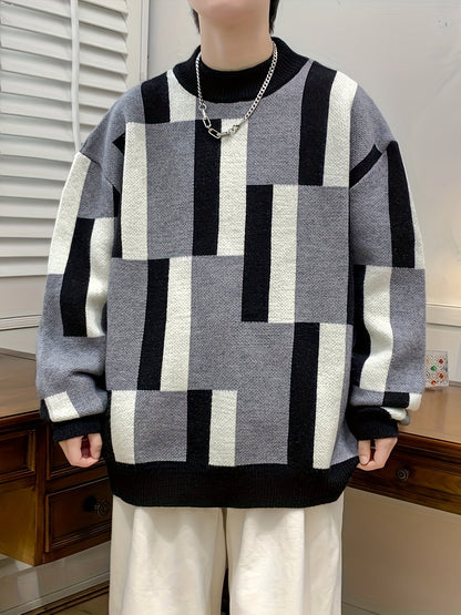 Unisex Rollkragenpullover mit geometrischem Muster – Blockmuster Strickpullover
