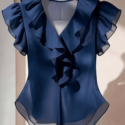 Damen Rüschenbluse mit V-Ausschnitt und Volantärmeln – Elegante Chiffonbluse für Büro und besondere Anlässe