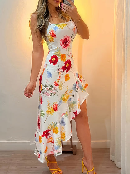Damen Asymmetrisches Midi-Kleid mit Blumenmuster und Rüschen – Elegantes Partykleid