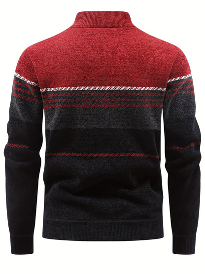 Herren Pullover Halb-Reißverschluss Stehkragen gestreift Fleece-Futter