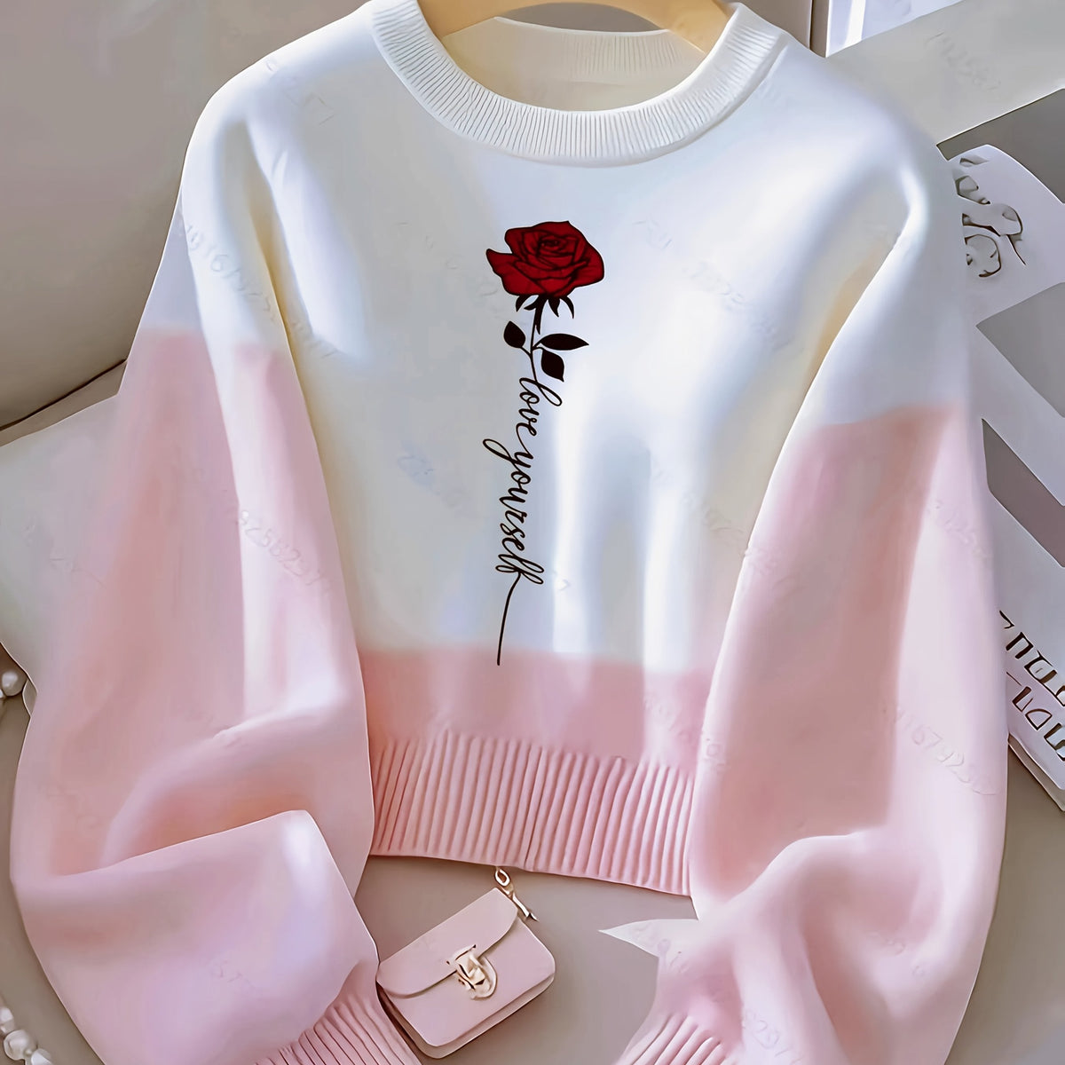 Damen Pullover Weiß Rosa mit Rosen-Stickerei und Puffärmeln