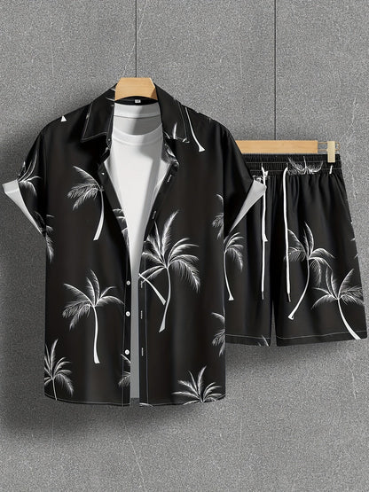 Herren Strand Outfit Zweiteiler mit Palmenmuster – Freizeit Hemd und Shorts Set