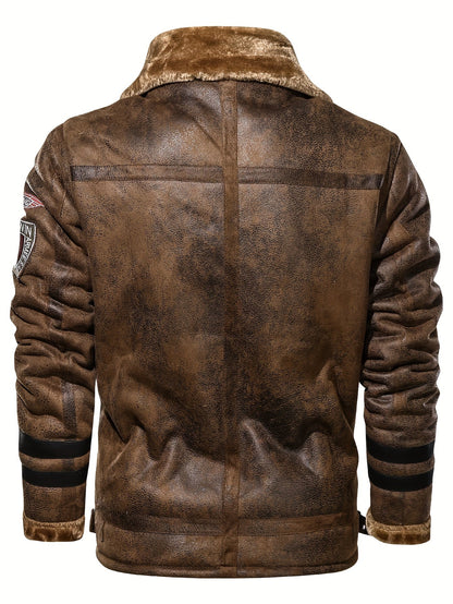 Herren Jacke mit Kunstfellkragen und Reißverschluss – Pilotenstil, Braun/Schwarz