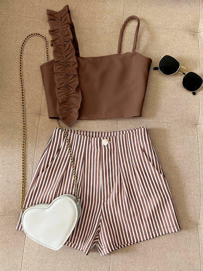 Damen Zweiteiler Set – Modisches Rüschen-Bustier & Gestreifte High-Waist Shorts, Stilvolles Outfit für Alltag & Freizeit