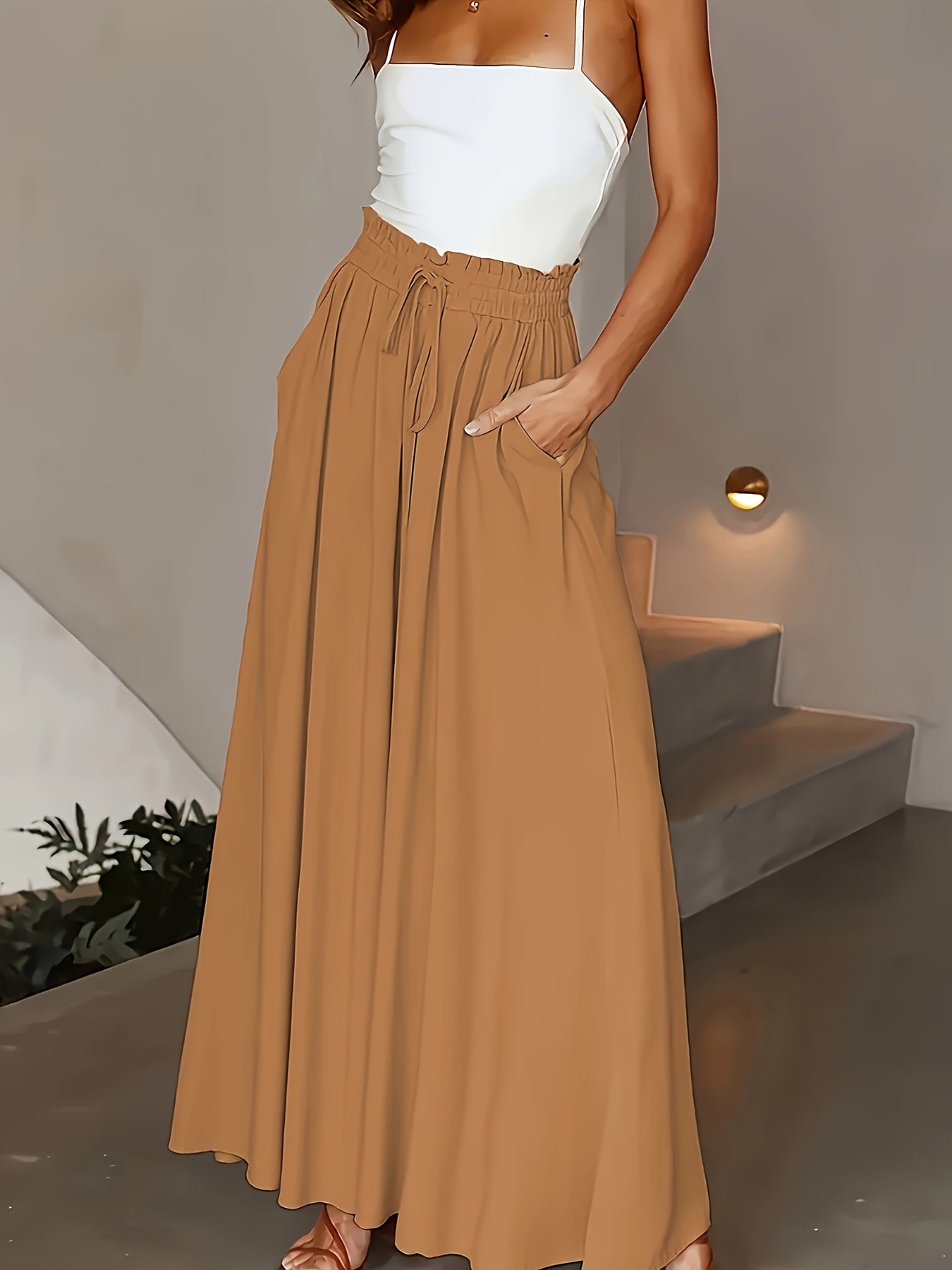 Damen Weite Bein Palazzo Hose mit Hohem Bund und Kordelzug – Eleganter Sommerlook für Freizeit und Alltag