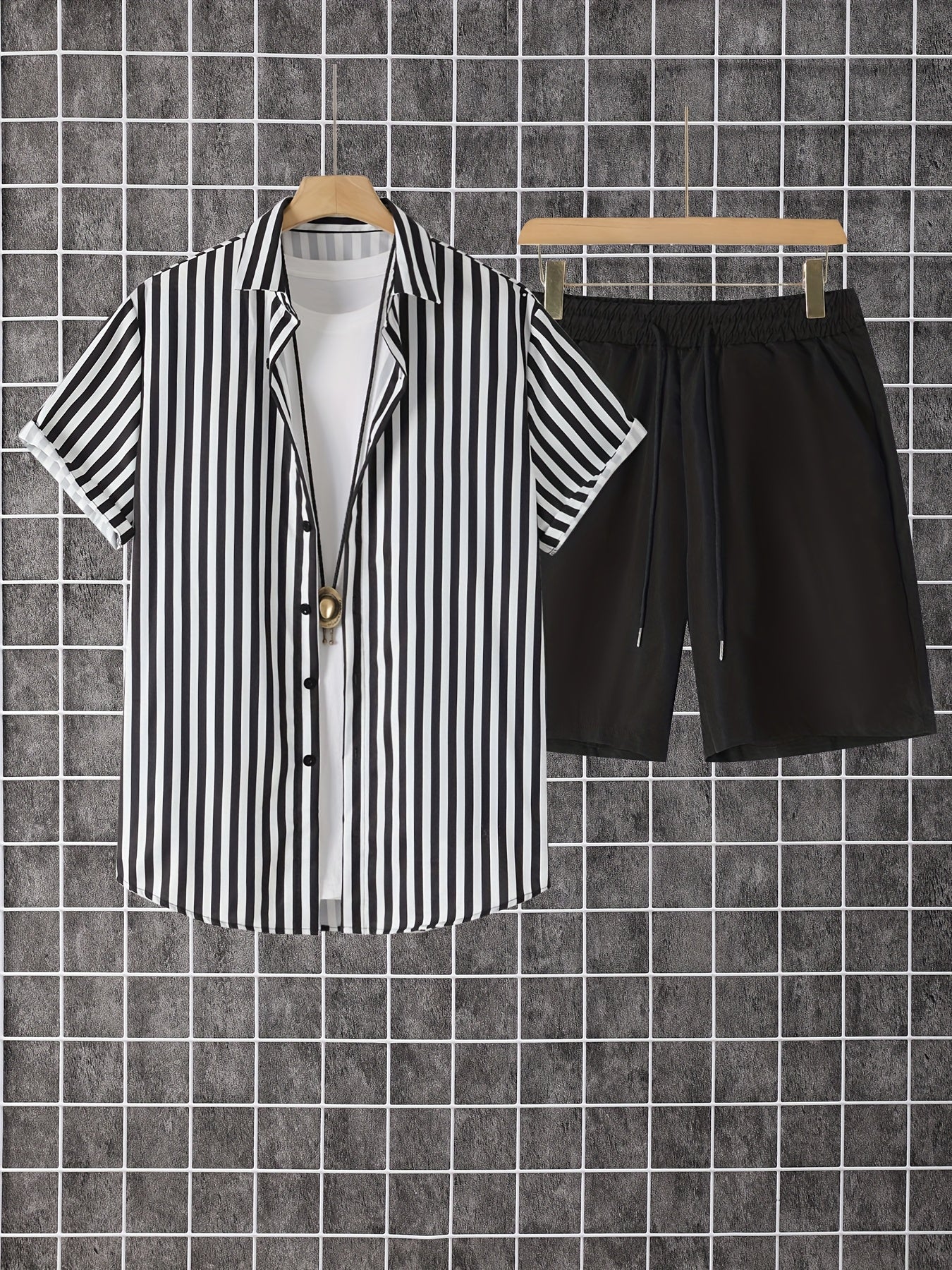 Herren Set mit Kurzarmhemd und Shorts, Modernes Streifen Design, Freizeit Outfit für Sommer und Urlaub