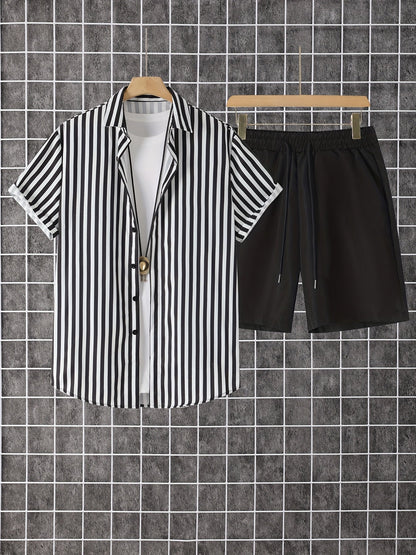 Herren Set mit Kurzarmhemd und Shorts, Modernes Streifen Design, Freizeit Outfit für Sommer und Urlaub