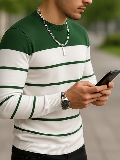 Herren Rundhals Pullover mit Blockstreifen und Rippbündchen