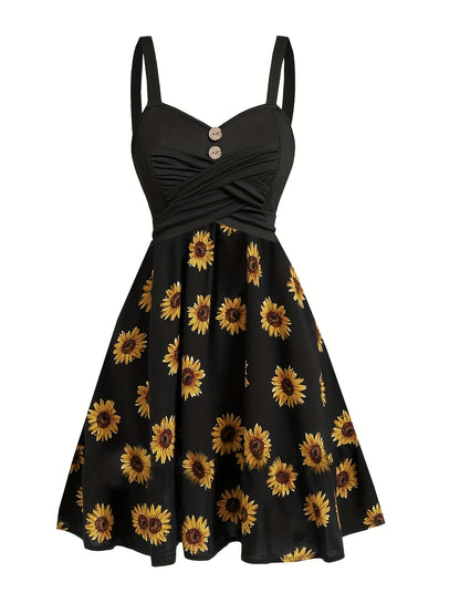 Damen Vintage Sommerkleid mit Sonnenblumenmuster und Knopfleiste – Ideal für Freizeit und Urlaub