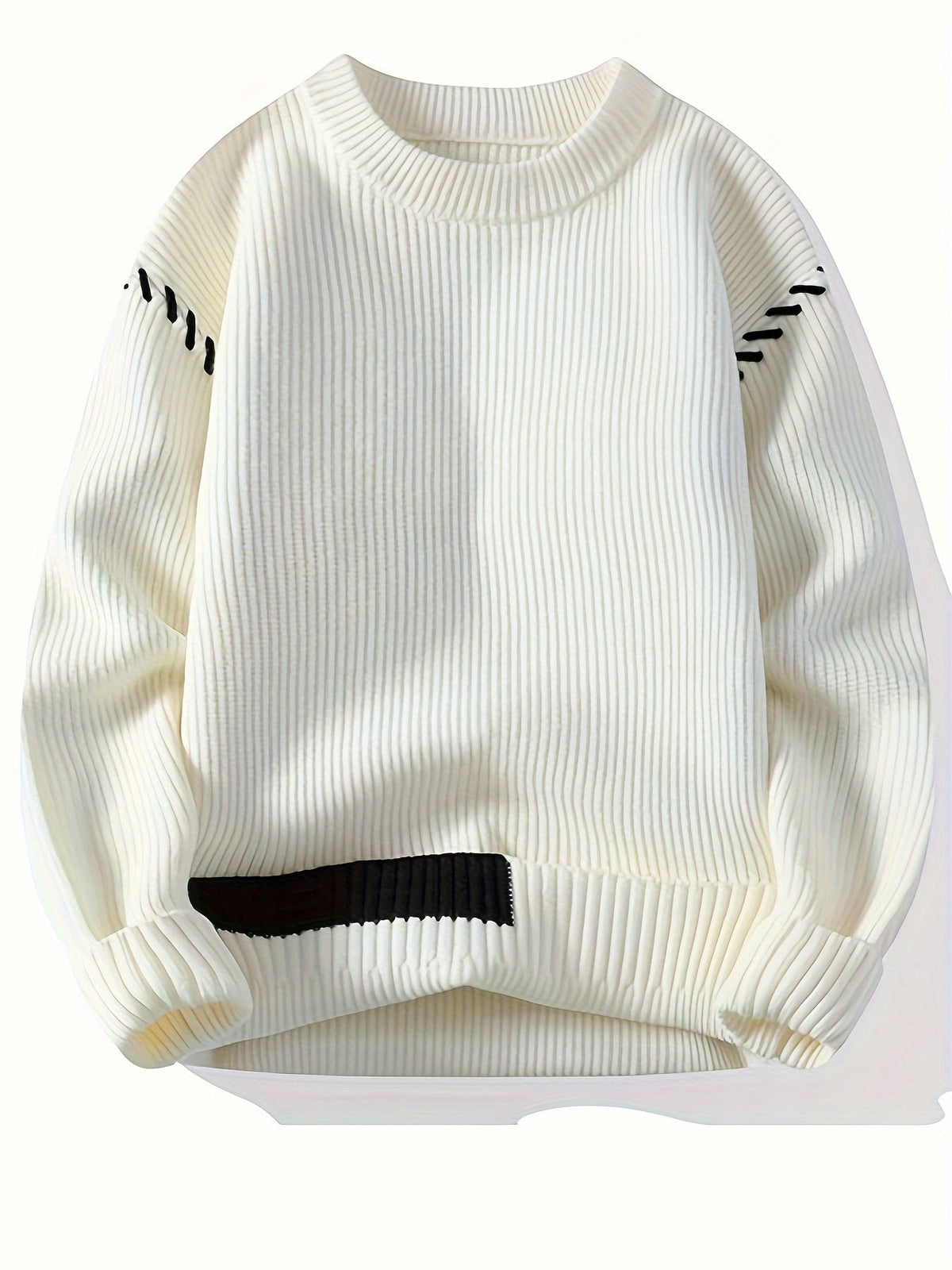 Unisex Rippstrick Pullover Rundhals mit Streifenmuster an Ärmeln und Saum