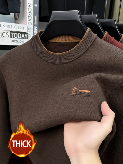 Herren Pullover Rundhals Langarm Strickpullover Warmgefüttert mit Rippbündchen