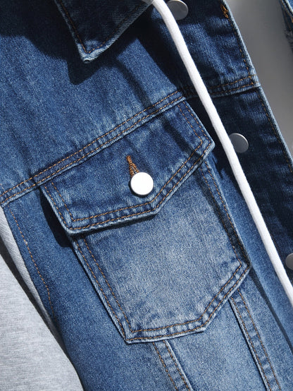 Herren Jeansjacke mit Kapuze Denim und Sweatstoff Ärmel Grau