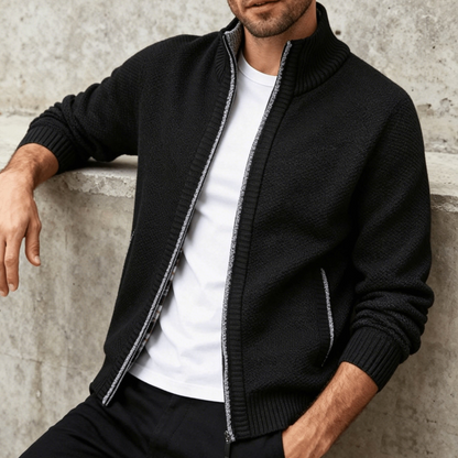 Herren Strickjacke mit Reißverschluss Stehkragen und Taschen meliert