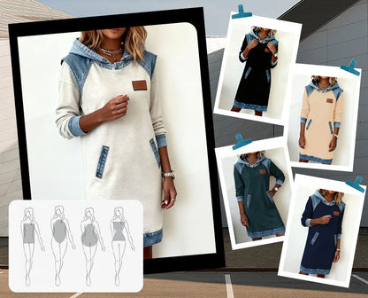 Damen Sweatkleid mit Denim-Details und Kapuze – Lässiges Freizeitkleid im Hoodie-Stil