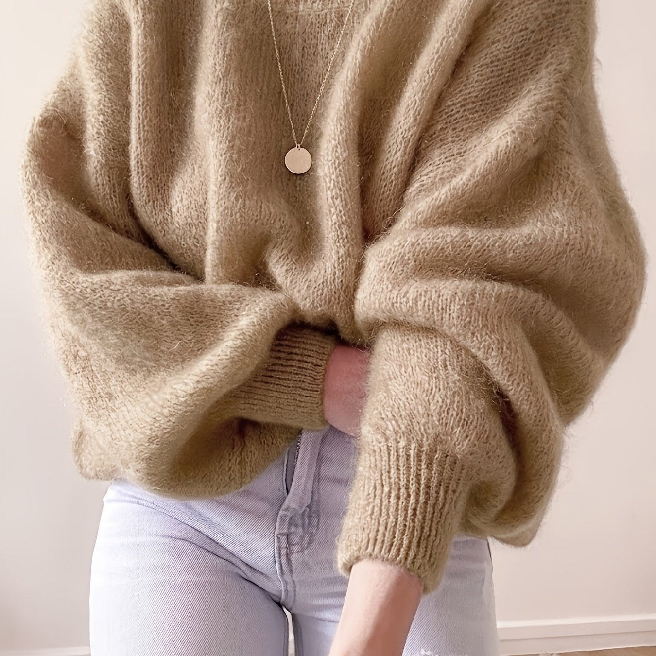 Damen Oversize Pullover Rundhals Weich Strick Langarm