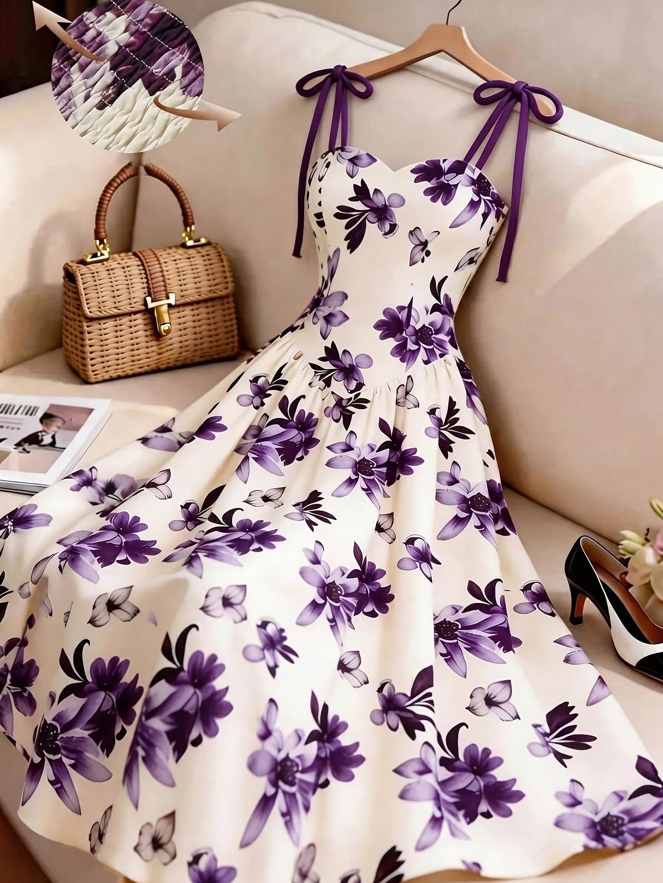 Damen Midikleid mit Blumenmuster und Schleifen-Trägern – Elegantes A-Linien Sommerkleid