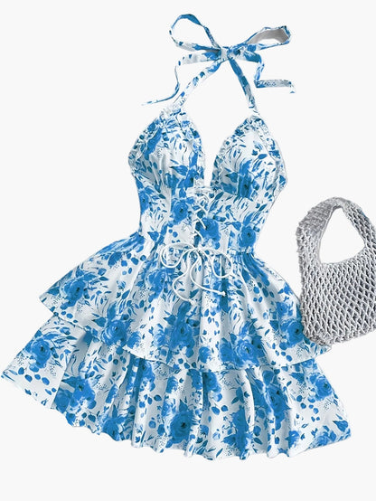Damen Volant-Minikleid mit Rosenmuster und Schnürung – Sommer, Elegant, Festlich