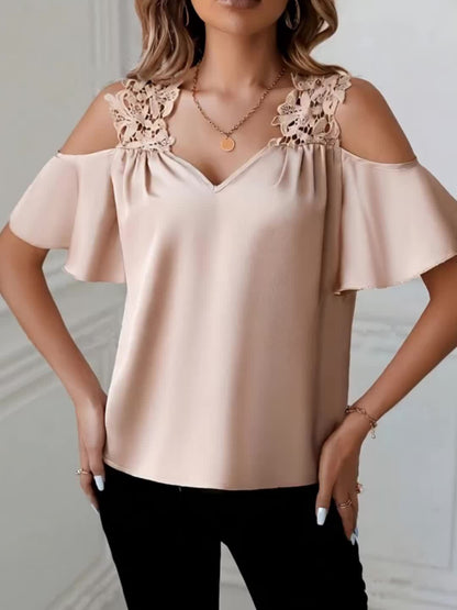 Damen Cold-Shoulder Bluse mit Spitzendetail und elegantem Schnitt – Stylische Mode für Büro & Freizeit