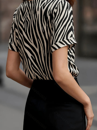 Damen Zebra-Print Bluse mit V-Ausschnitt und kurzen Ärmeln – Modisch & Elegant für Büro und Alltag