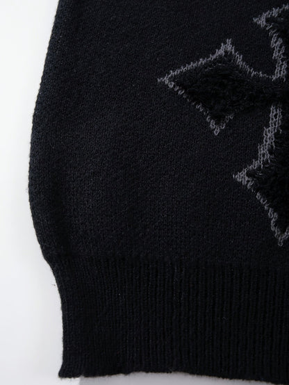 Pullover mit Kreuzmuster Schwarz Strick Rundhalsausschnitt Langarm