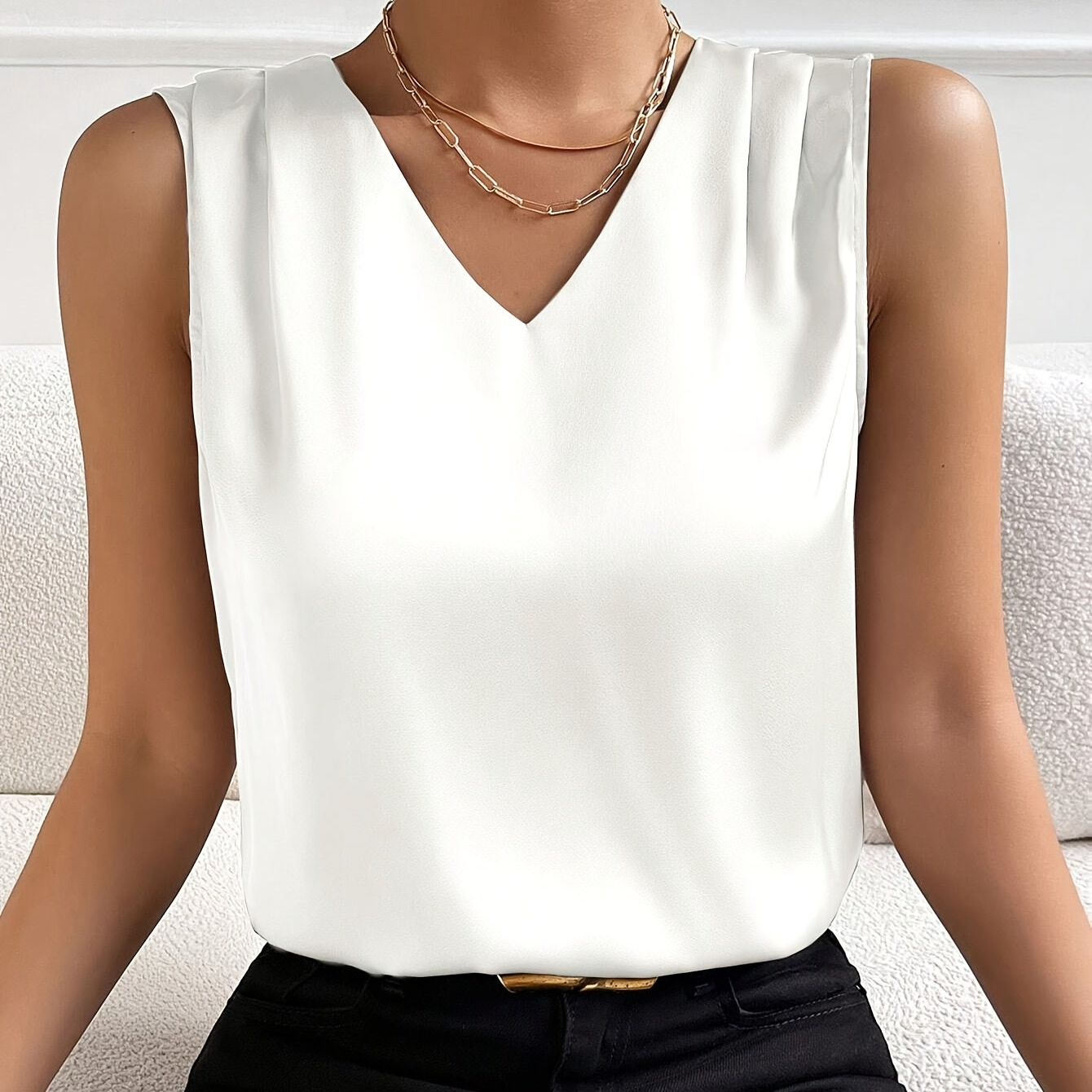 Damen Elegante Ärmellose Bluse mit V-Ausschnitt – Perfekt für Büro & Alltag