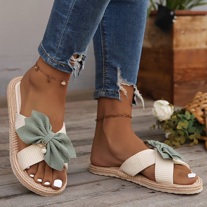 Damen Vintage Sommerschlappen mit großer Schleife – Bequeme Freizeitsandalen für Alltag und Urlaub