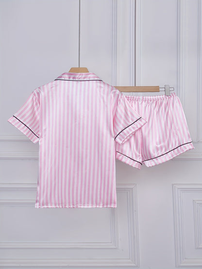 Damen Satin Pyjama Set Kurzarm mit Streifen – Stilvolles Nachtwäsche-Set für erholsamen Schlaf