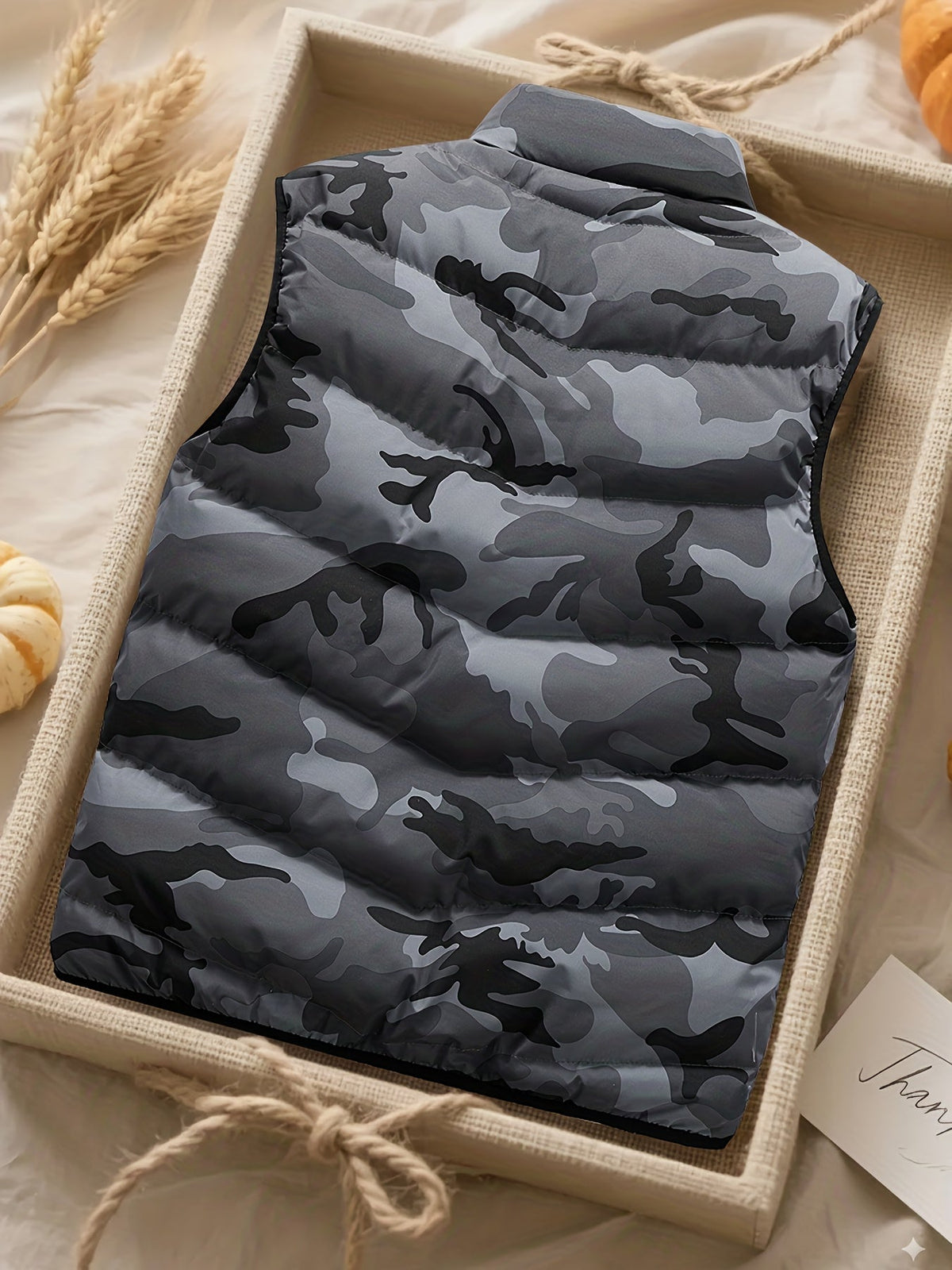 Herren Steppweste Camouflage mit Stehkragen und Reißverschluss, gepolsterte ärmellose Weste für Frühling und Herbst