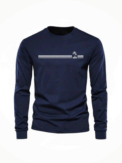 Herren Langarmshirt mit Rundhalsausschnitt und Streifen-Palmen-Print