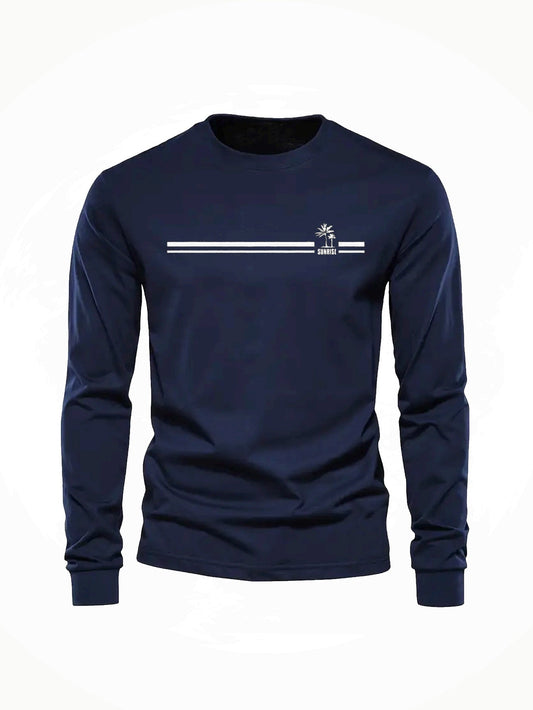 Herren Langarmshirt mit Rundhalsausschnitt und Streifen-Palmen-Print