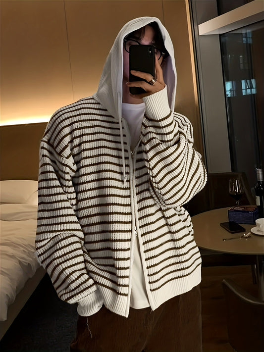 Gestreifter Strick Hoodie Jacke mit Reißverschluss für Herren