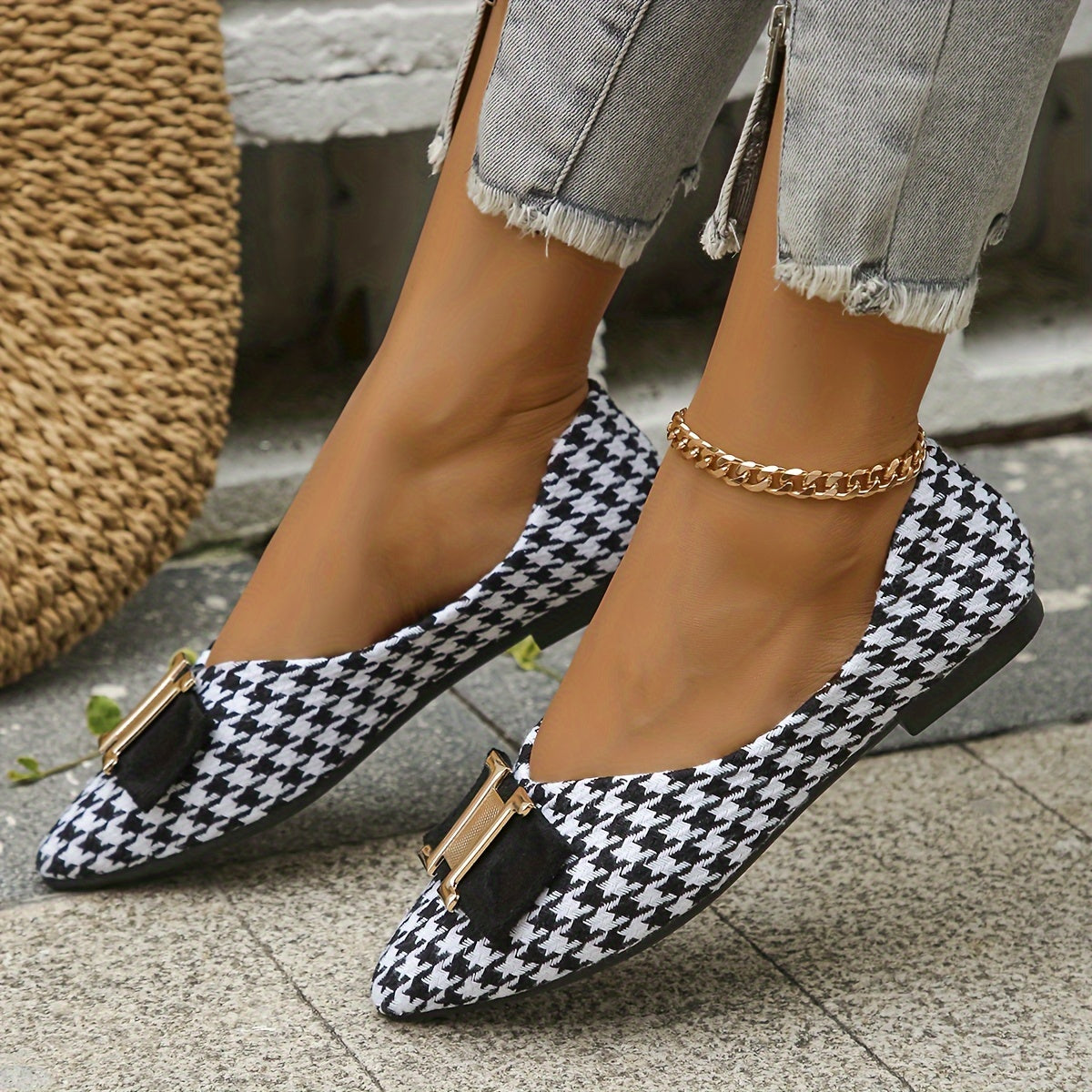 Damen Elegante Houndstooth Ballerinas mit Schleifen-Detail – Modische Flats für Alltag und Büro