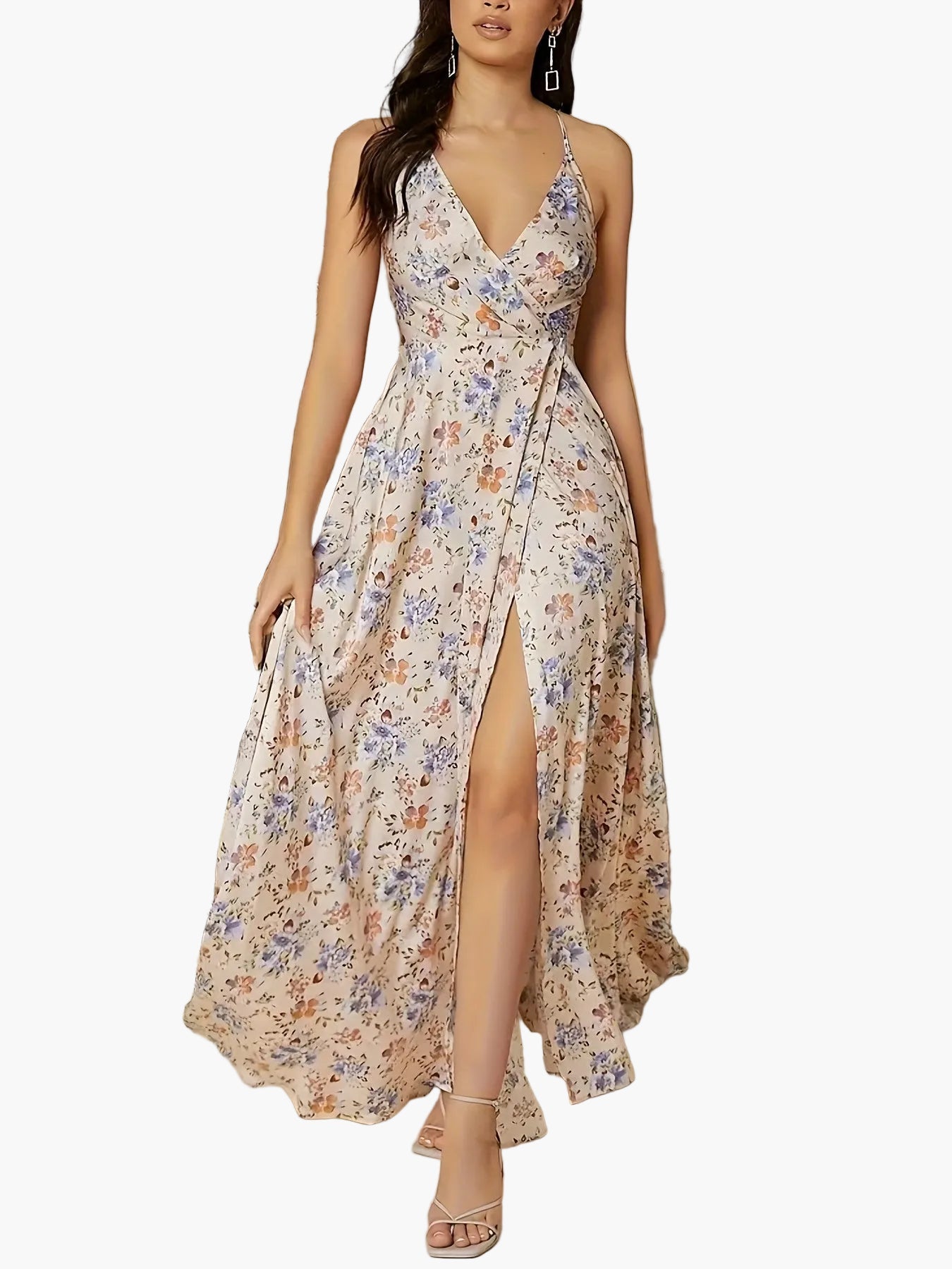 Damen Elegantes Maxikleid mit Blumenmuster und Schlitz – Perfekt für Hochzeiten & Sommerfeste