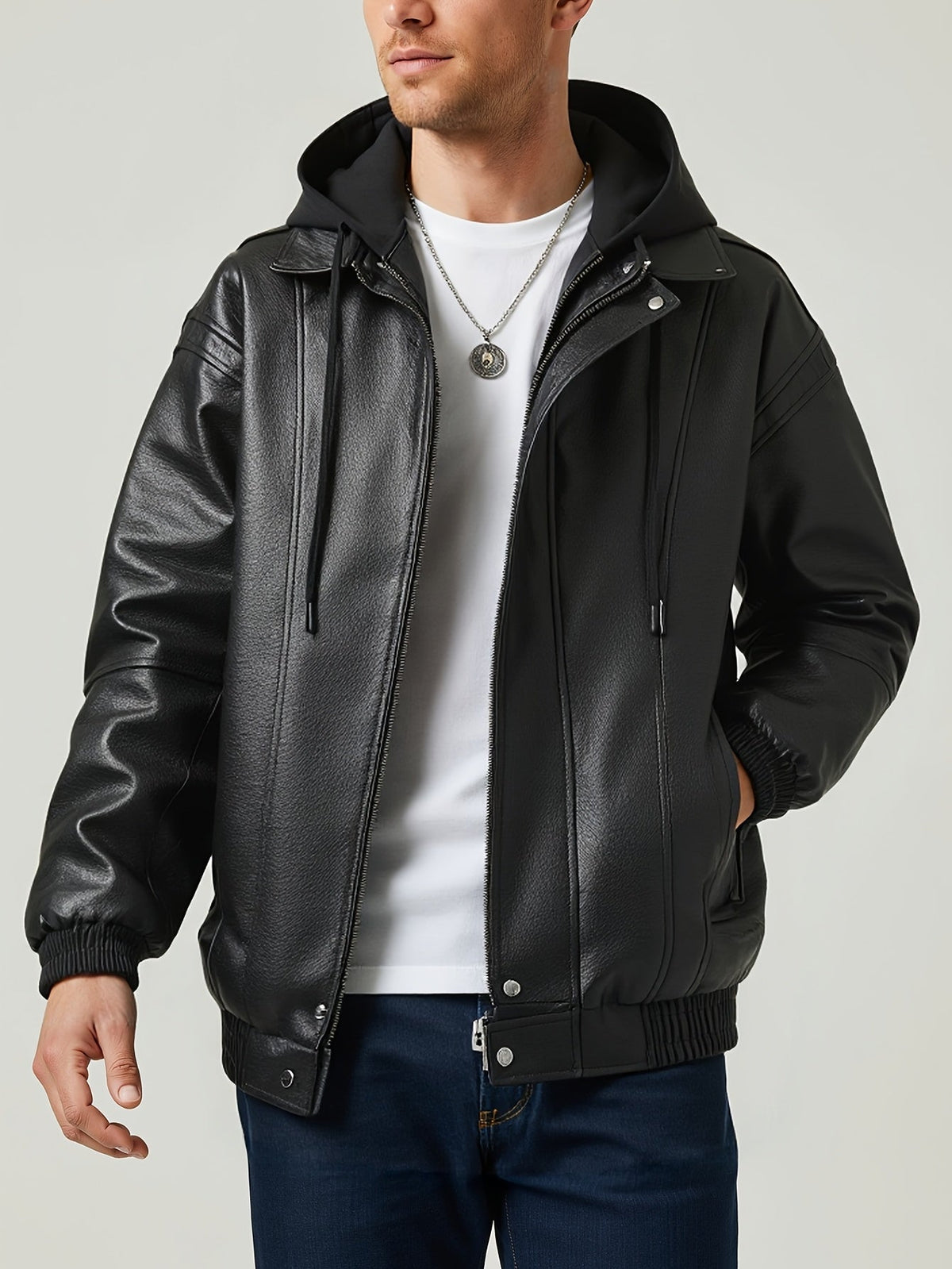 Herren Bomberjacke mit Kapuze, Glatte Oberfläche, Braun/Schwarz