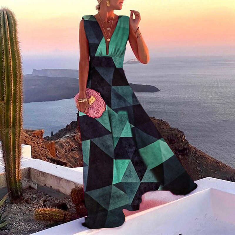Damen Maxikleid mit Boho-Muster – Eleganter V-Ausschnitt für Sommer und Urlaub