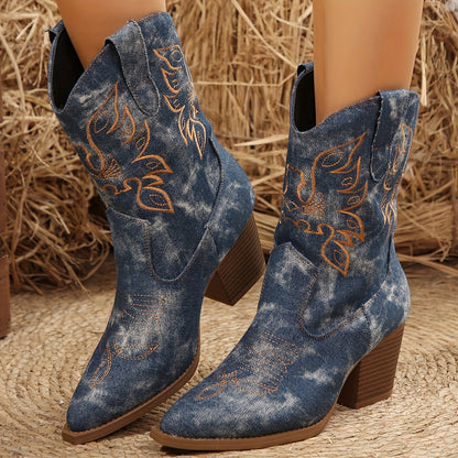 Cowboy Stiefel mit Absatz für Damen, Spitzer Zeh, Besticktes Obermaterial in Denim-Optik