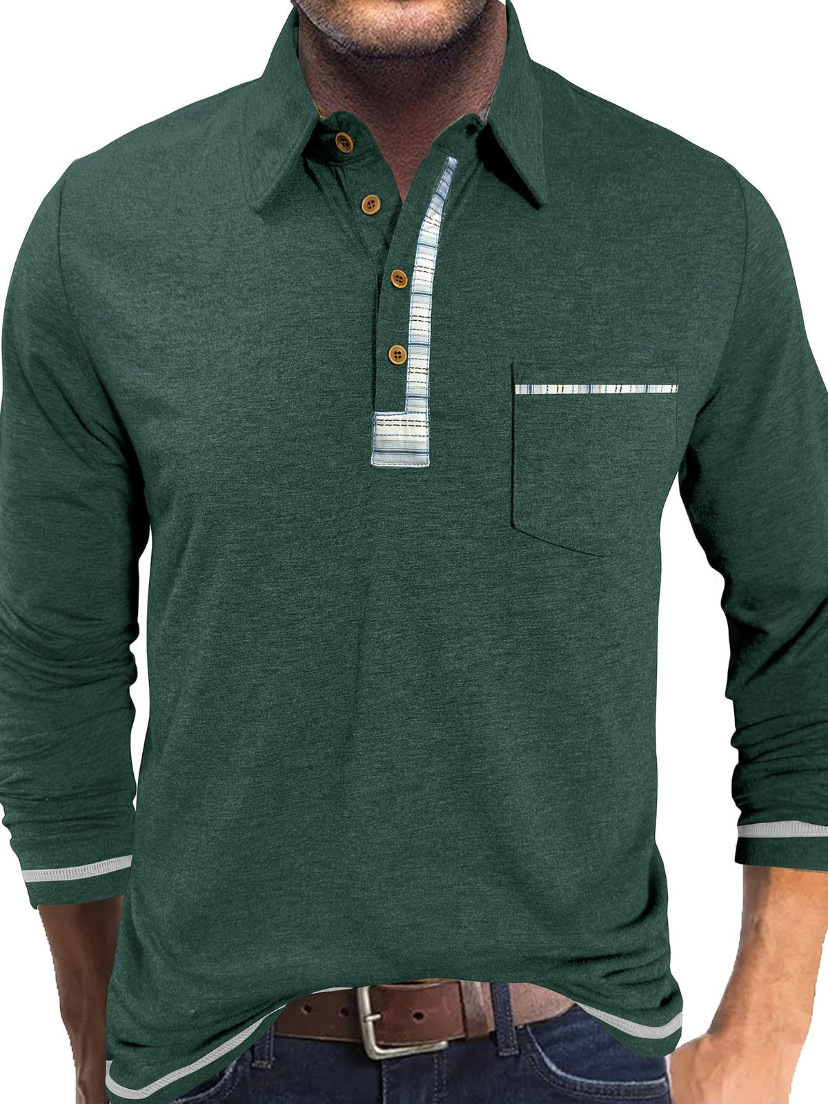 Herren Langarm Polo-Shirt mit Kragen, Knopfleiste und Brusttasche