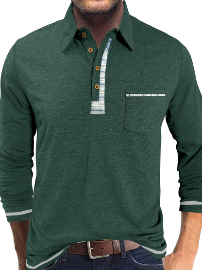 Herren Langarm Polo-Shirt mit Kragen, Knopfleiste und Brusttasche