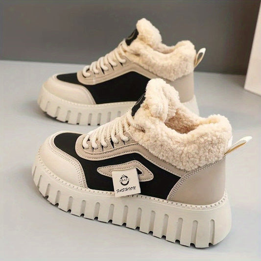 Damen Winter Sneaker High-Top mit dicker Sohle und Teddyfutter, Schwarz Beige
